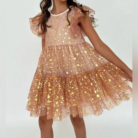 Lola + The Boys Goldie Star Tulle Dress Pink Gold Stars Size 6 - Picture 2 of 8